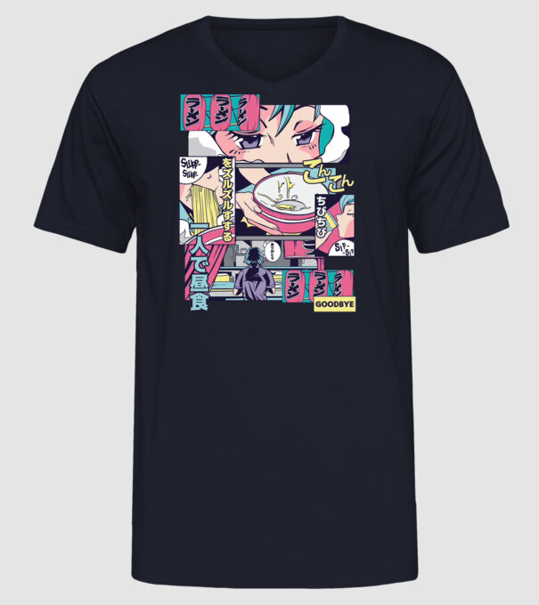 Anime Vaporwave Ramen model albastru închis pe tricou