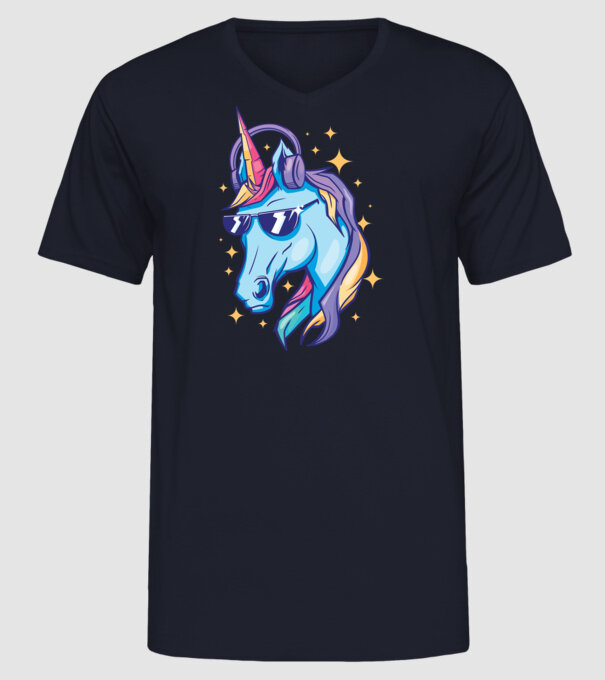 Unicorn strălucitor cu căști model albastru închis pe tricou