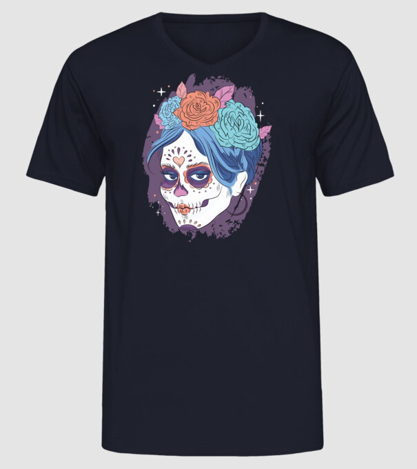 Dia de Los Muertos - Craniu cu flori model albastru închis pe tricou
