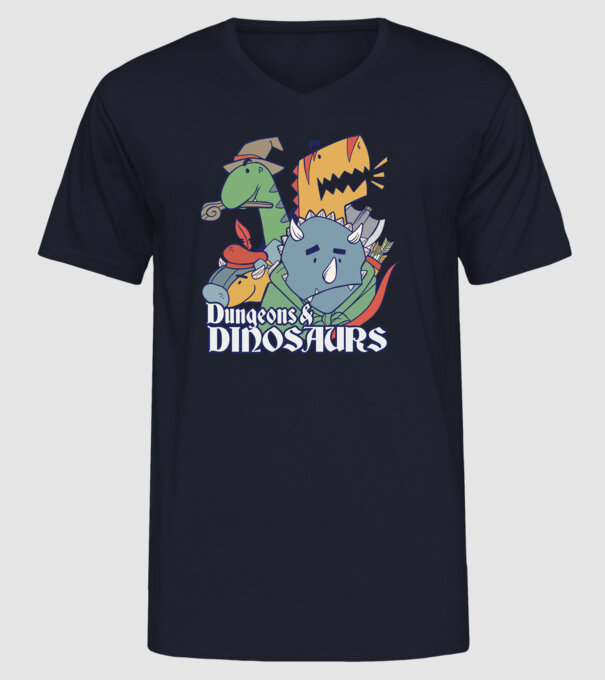 Dungeons and Dinosaurs model albastru închis pe tricou