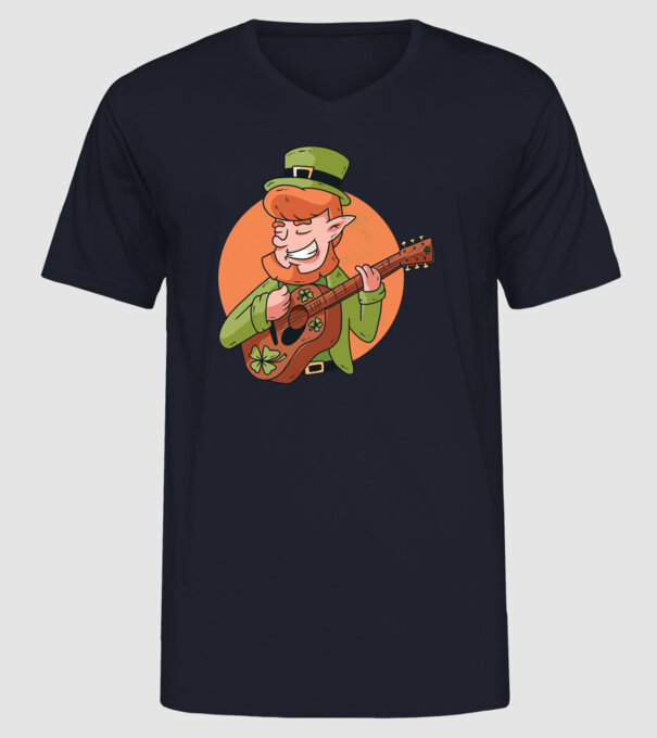 Chitarist Leprechaun irlandez St Patrick model albastru închis pe tricou