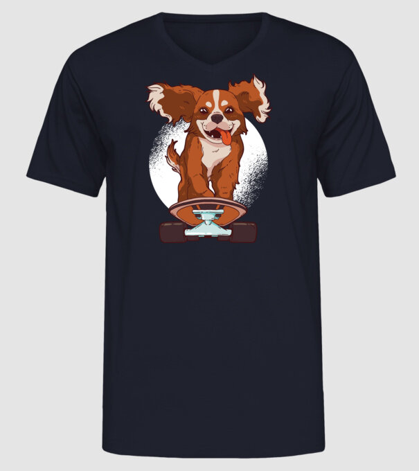 Skateboarding Cavalier King Spaniel model albastru închis pe tricou