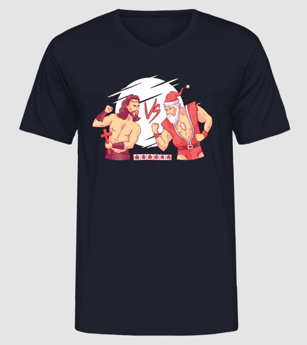 Isus vs Moș Crăciun Street Fighter tricou amuzant Crăciun model albastru închis pe tricou