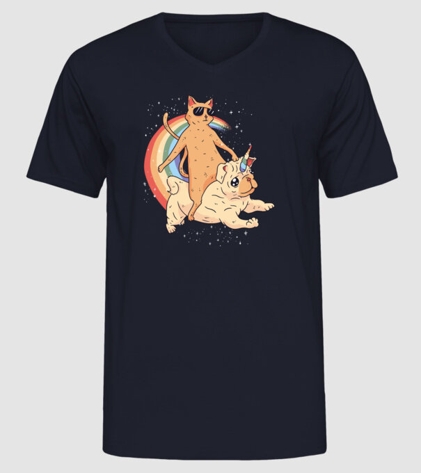 Pisică și Mops unicorn model albastru închis pe tricou