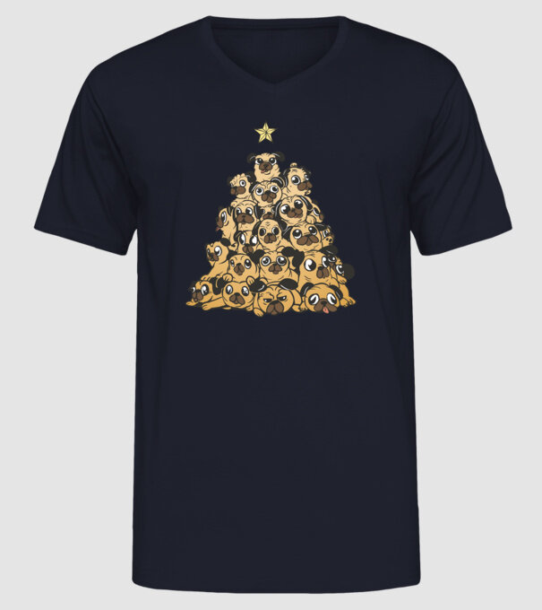 pom de Crăciun cu cățel (mops) model albastru închis pe tricou