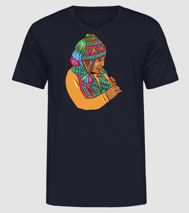 Muzician peruan indigen model albastru închis pe tricou
