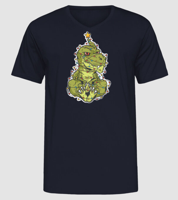 Dinozaur T-rex Pom de Crăciun tricou model albastru închis pe tricou