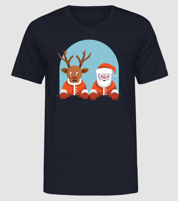 Moș Crăciun și Ren tricou de Crăciun T-shirt model albastru închis pe tricou