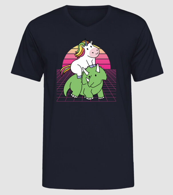 Unicorn pe dinozaur retro model albastru închis pe tricou