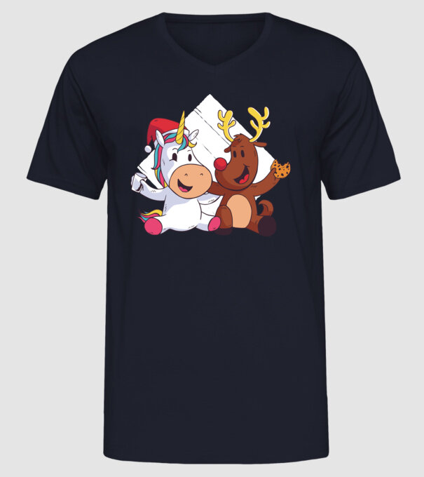 Unicorn și Ren prietenie tricou drăguț de Crăciun model albastru închis pe tricou
