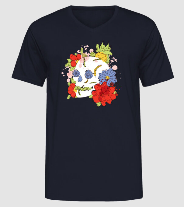Craniu cu Flori model albastru închis pe tricou