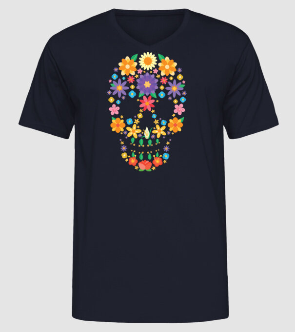 Craniu cu Flori model albastru închis pe tricou