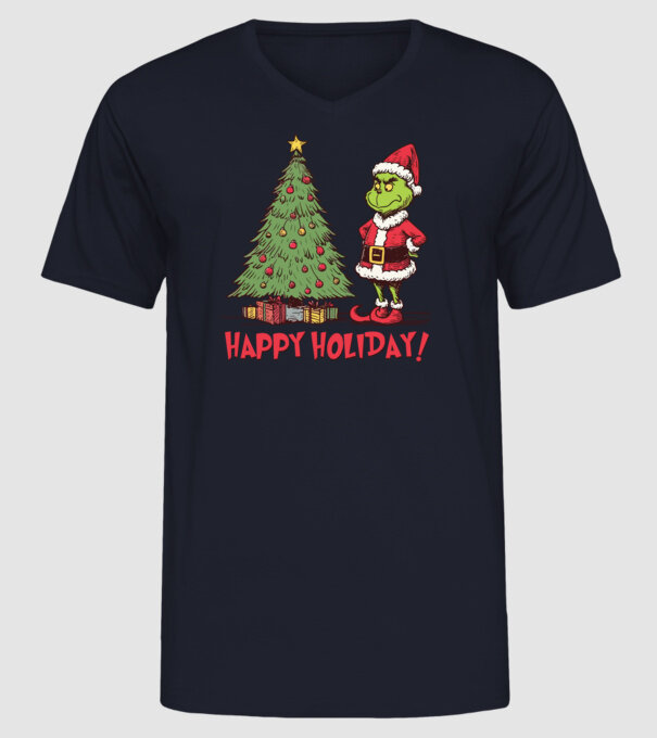 Happy Holiday Grinch model albastru închis pe tricou