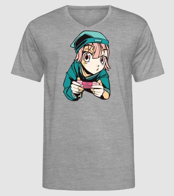 Anime fată Gamer model gri pe tricou