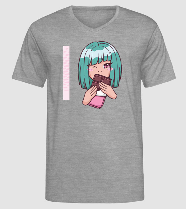 Anime fată cu ciocolată model gri pe tricou
