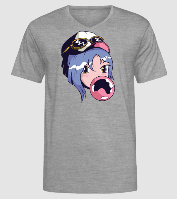 fată Anime cu gumă de mestecat model gri pe tricou