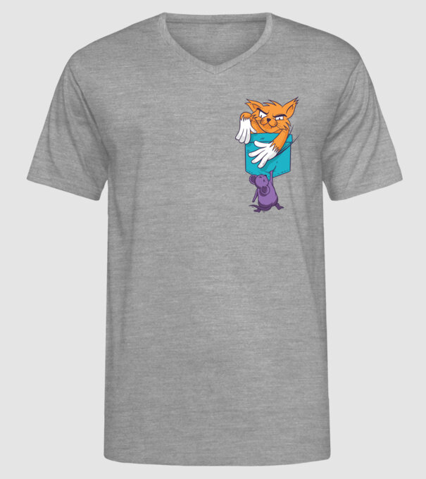 Pisică cu șoarece buzunar model gri pe tricou