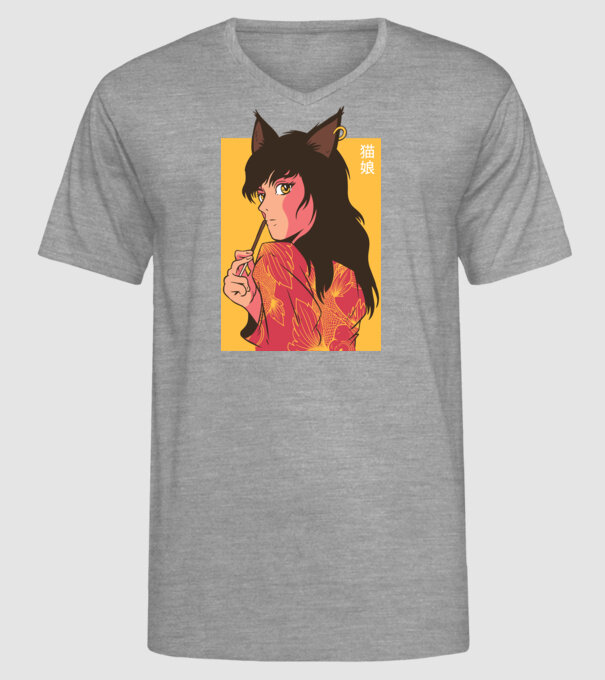 Pisică Fată Anime model gri pe tricou