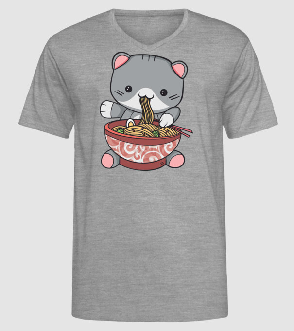 Pisică Kawaii Ramen model gri pe tricou
