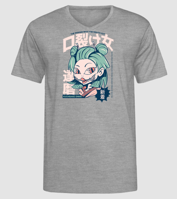 Kuchisake Onna Yokai Anime model gri pe tricou