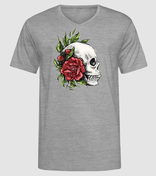 Trandafiri și craniu model gri pe tricou