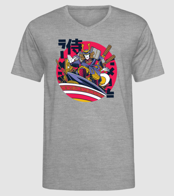 Samurai Ramen Surf model gri pe tricou