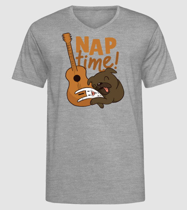 Timp pentru siestă - mops drăguț cu iepuraș și chitară model gri pe tricou