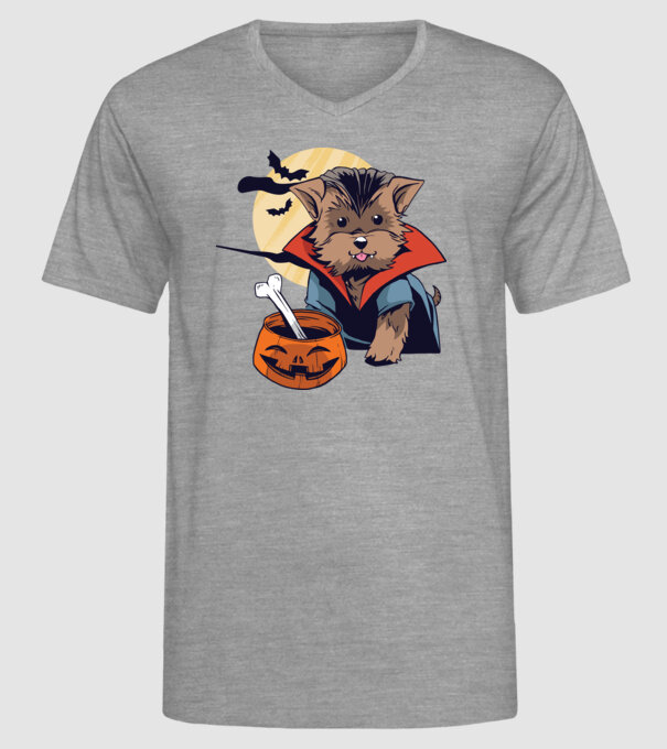 Vampir Yorkie Halloween model gri pe tricou