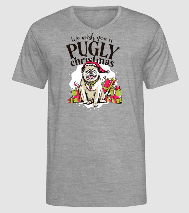 We wish You a Pugly Christmas tricou cu mops model gri pe tricou