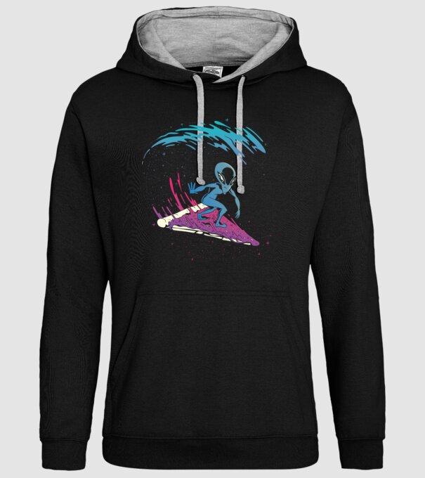 Alien Pizza Surf tricou amuzant model negru pe tricou