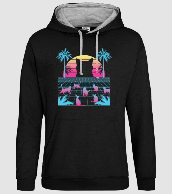 Pisică Vaporwave neon model negru pe tricou