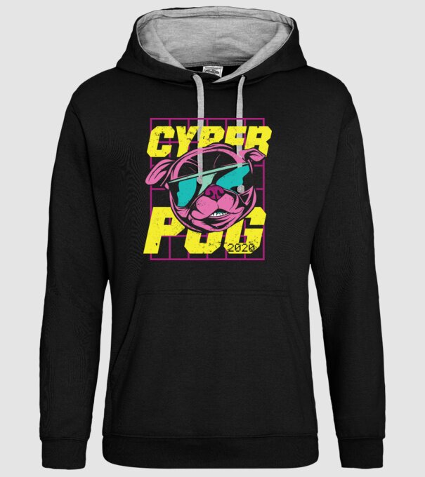 Mops Cyber Pug model negru pe tricou