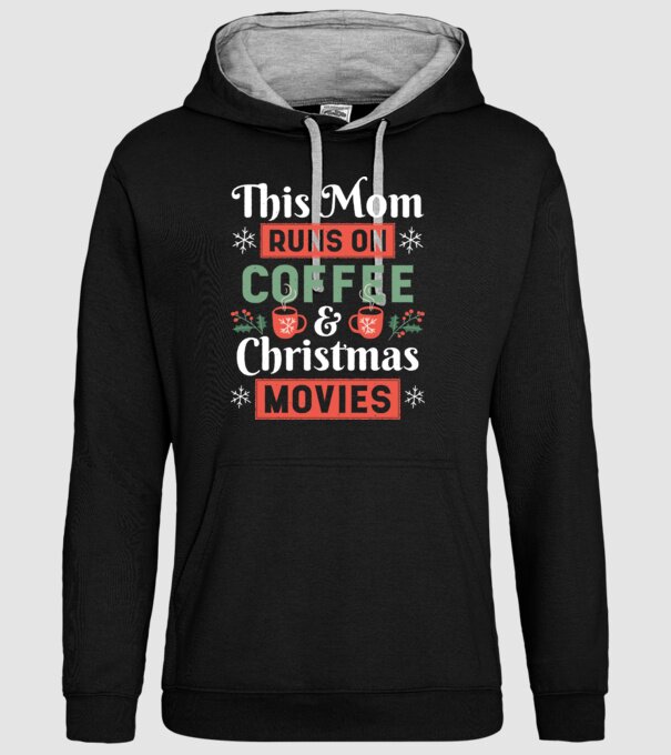 Această mamă funcționează cu cafea și filme de crăciun model negru pe tricou