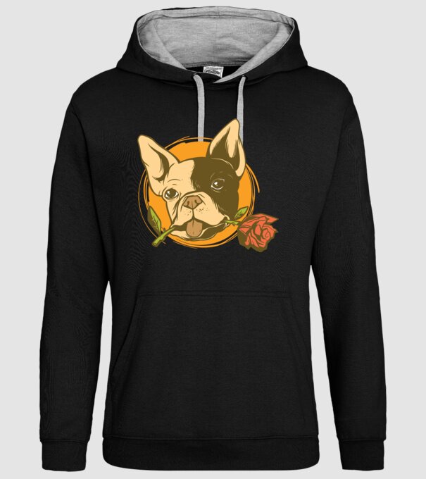 Bulldog francez cu trandafir model negru pe tricou