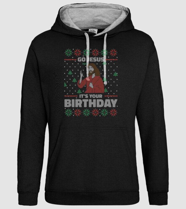 'Go Jesus, It''s Your Birthday Ugly Sweater' model negru pe tricou