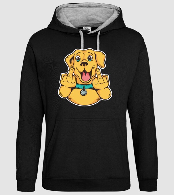 Golden Retriever arată degetul model negru pe tricou