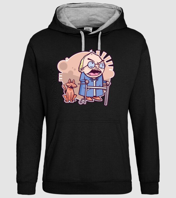 Bunic în vârstă cu pisică model negru pe tricou