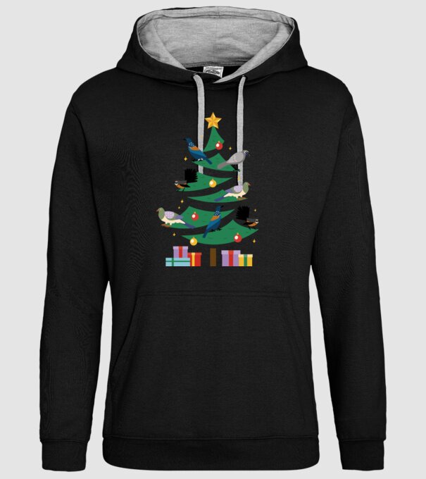 Pom de Crăciun cu păsări model negru pe tricou