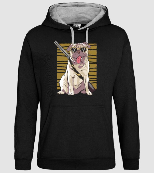 Mops cu pușcă tricou amuzant cu câine model negru pe tricou