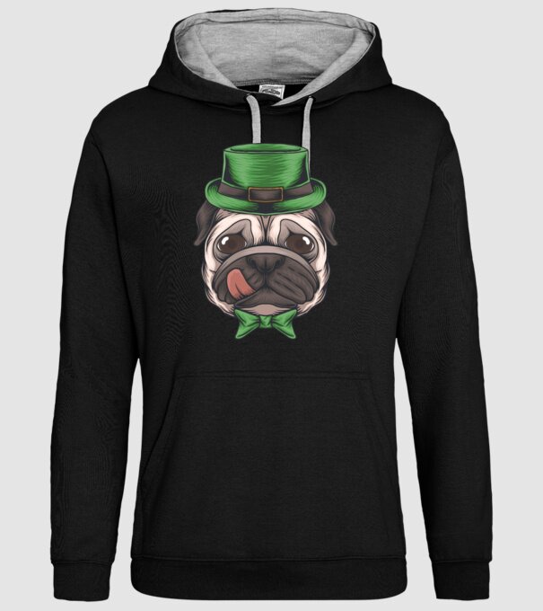 Mops Sfântul Patrick model negru pe tricou