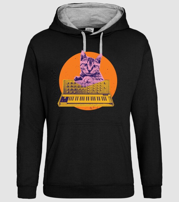 Pisică cu sintetizator model negru pe tricou