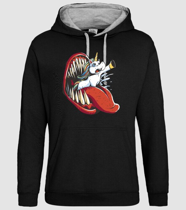 În gura monstrului Unicorn model negru pe tricou