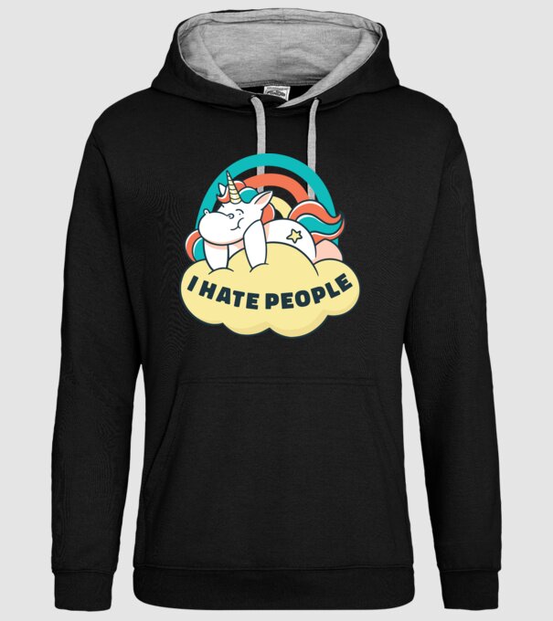 Urăsc oamenii Unicorn model negru pe tricou