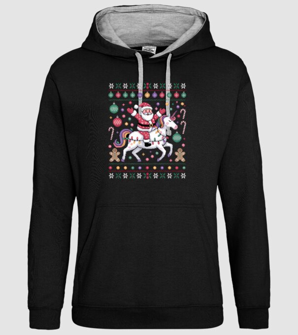 Moș Crăciun pe un pulover urât unicorn model negru pe tricou