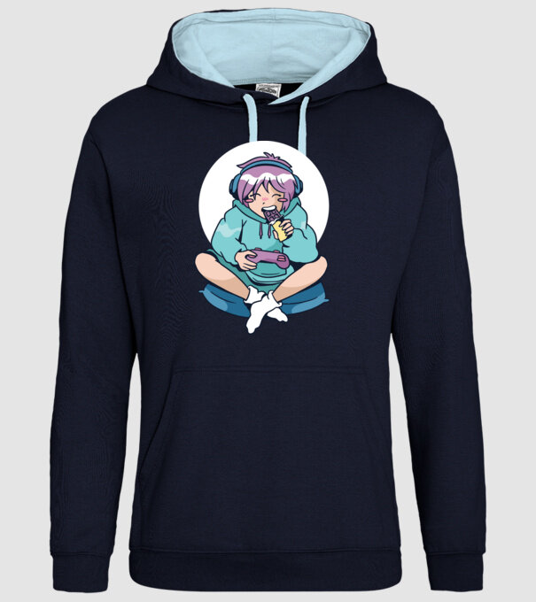 Anime Gamer Fată cu ciocolată model albastru închis pe tricou