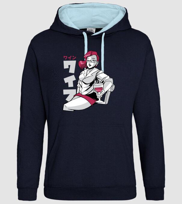 Anime fată cu vin model albastru închis pe tricou