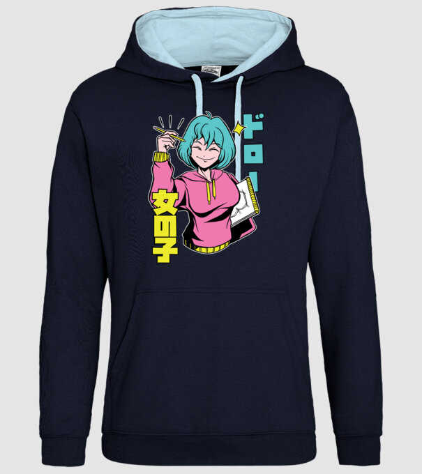 Anime fată desenând model albastru închis pe tricou