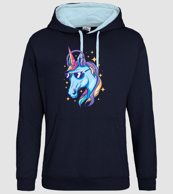 Unicorn strălucitor cu căști model albastru închis pe tricou