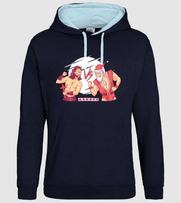 Isus vs Moș Crăciun Street Fighter tricou amuzant Crăciun model albastru închis pe tricou