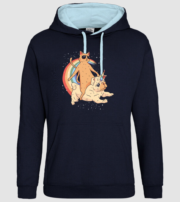 Pisică și Mops unicorn model albastru închis pe tricou